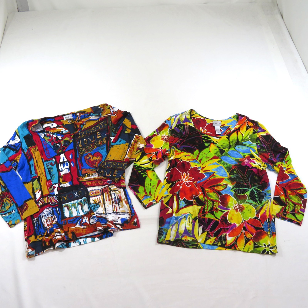 Chicos Womens A & B Set Multi Color Pullover Rayon Top Shirts Sz 1 Artist Art